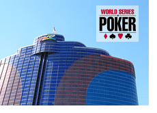 -- Rio Hotel on a clear day in Las Vegas - WSOP logo - World Series of Poker --