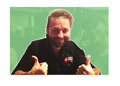 Photo of Daniel Negreanu (from social media), cropped over a blackened background. Two thumbs up. Smiling.