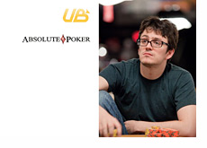 Isaac Haxton looking up / Absolute Poker and Ultimate Bet logos