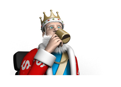 The King is caught dep in thought, while sitting in his office chair and drinking coffee out of his golden mug. The year is 2017.