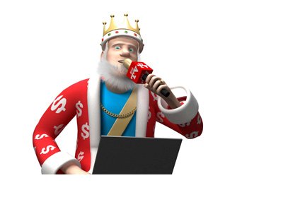 The King is sitting on top of his office desk, portable computer on his lap and microphone in his hand. The report is on.