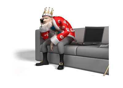 The King is sitting on the couch, leaning forward.  The incoming news is important.  Talking on cell-phone.