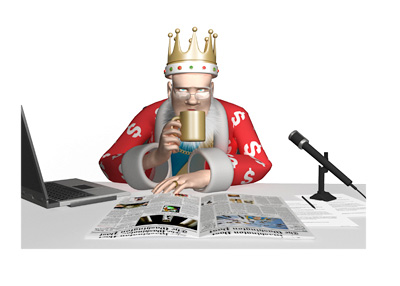 The Poker King is sitting at his work desk and contemplating the online poker situation in 2016. Laptop, newspapers, coffee and mic surround him