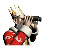 The King is looking through binoculars into the future