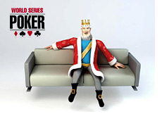 poker king is relaxing on the couch with the wsop - world series of poker - logo right behind him on the wall
