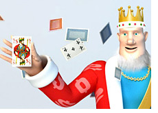 poker king is holding a playing card while a card deck is flying around behind him