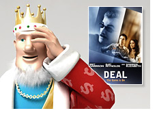 poker king is standing in front of the movie poster - the deal - and distancing himself from it