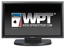 world poker tour logo on a plasma television set - wpt - black and white background